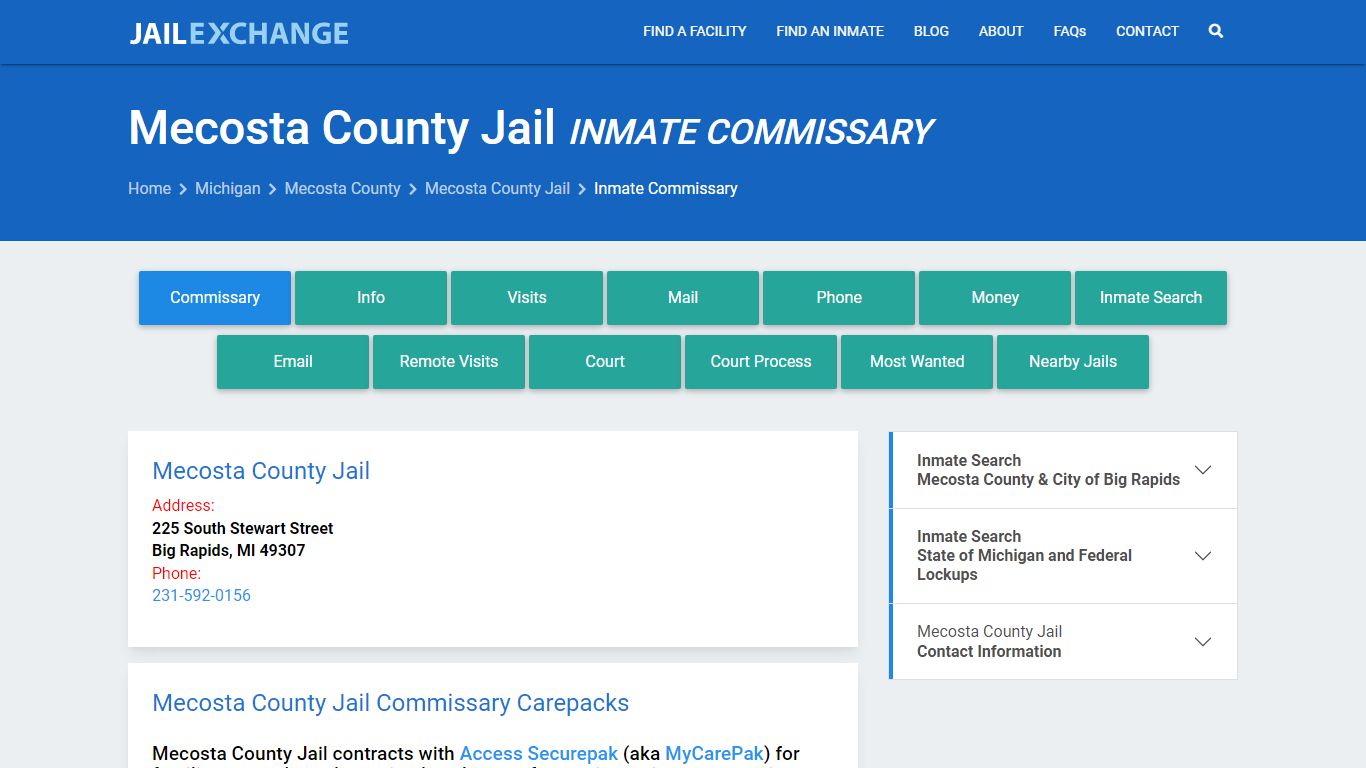 Inmate Commissary, Care Packs - Mecosta County Jail, MI